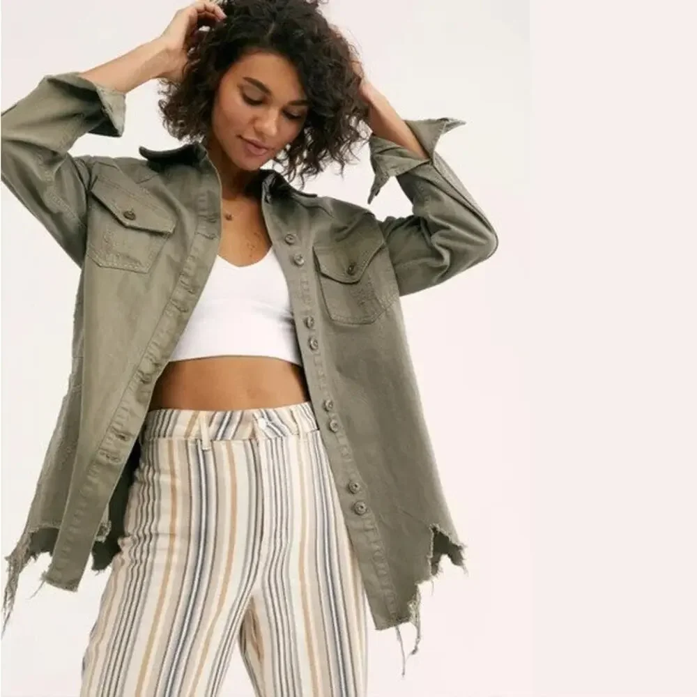 Free People Moonchild Army Green Denim Shirt / Utility Jacket | Women's XS